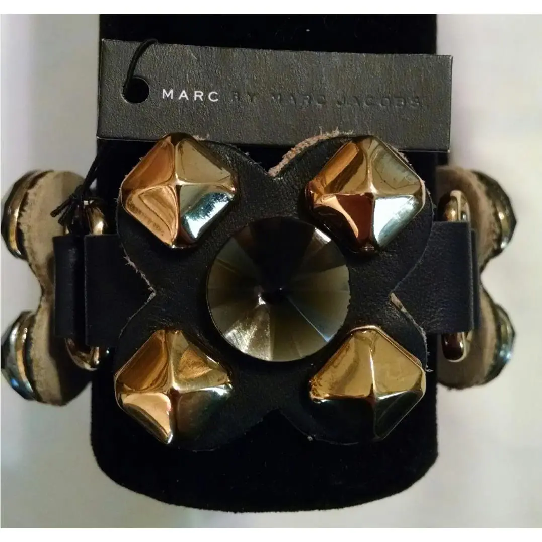 Marc BY Marc Jacobs Black Gold Leather Jewel Bracelet