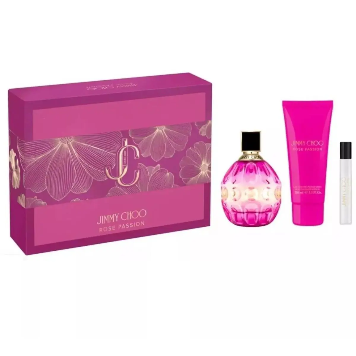 Jimmy Choo Rose Passion 3 PC Set For Women 3.3 oz Edp Spray + Mini + Body Lotion