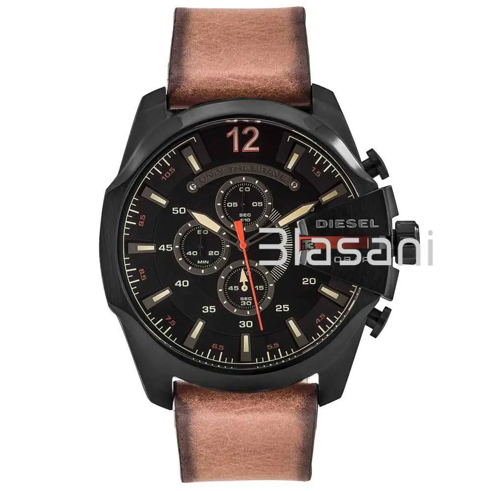 Diesel DZ4344 Mega Chief Men`s Gold Black Dial Black Leather Quartz Watch 59x51