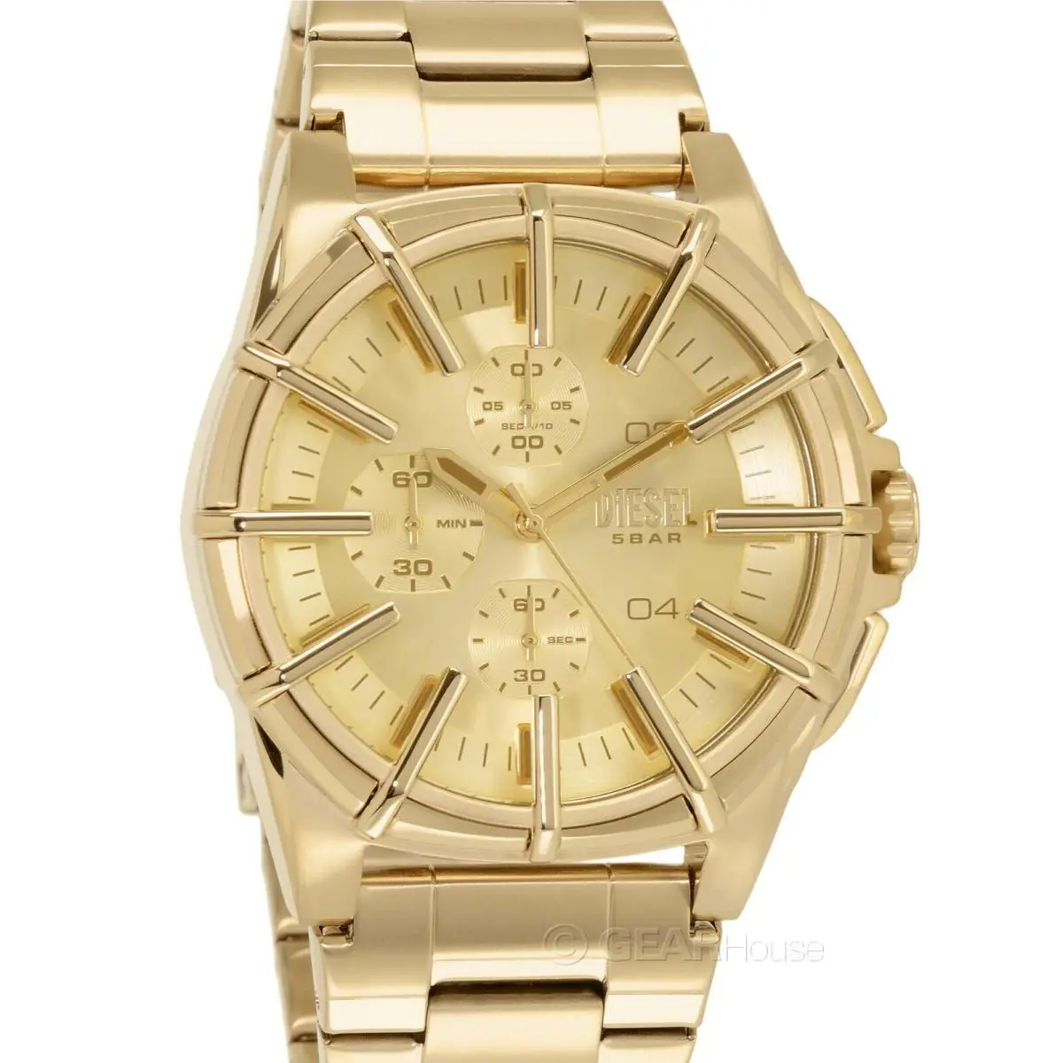 Diesel Framed Mens Chronograph Watch Gold Dial Gold Stainless Steel Band