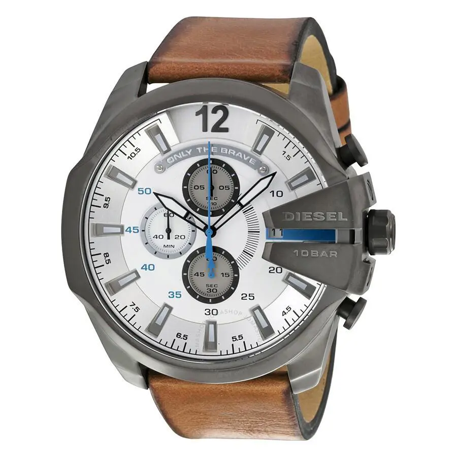 Diesel Mega Chief Men`s Brown Leather Grey Steel White Chronograph Watch DZ4280