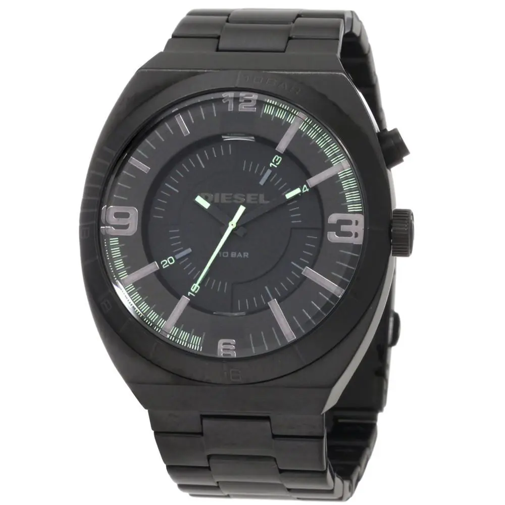 Diesel Retro Black Tone Stainless Steel Red Light Bracelet Watch DZ1415 - Dial: Black, Green, Band: Black