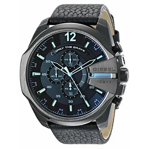 Diesel Mega Chief Chronograph Black Dial Leather Mens Watch DZ4323