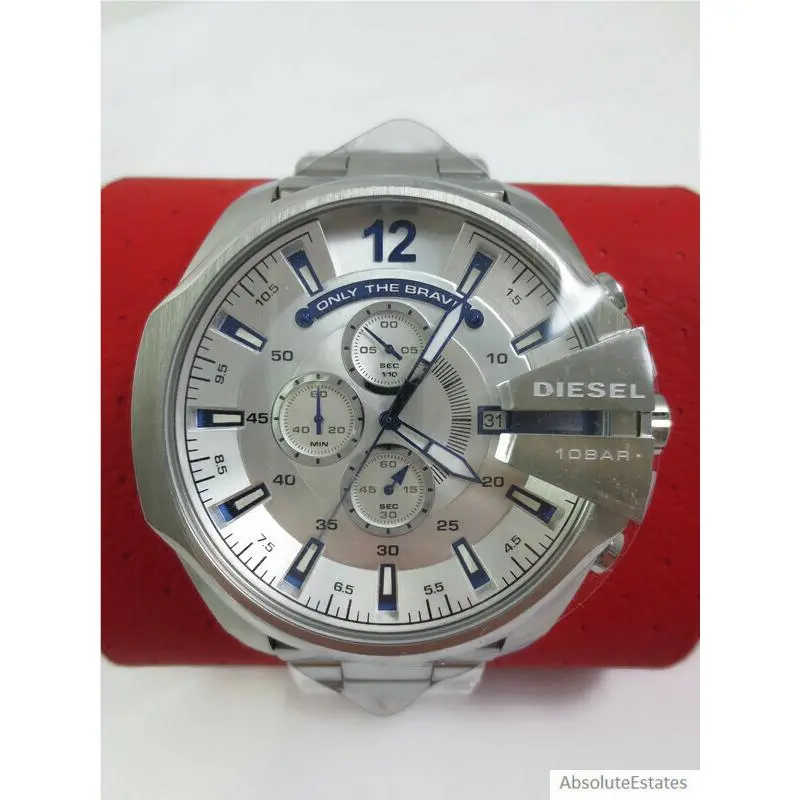 Men`s Mega Chief Chronograph Silver Blue Stainless Watch DZ4477 by Diesel