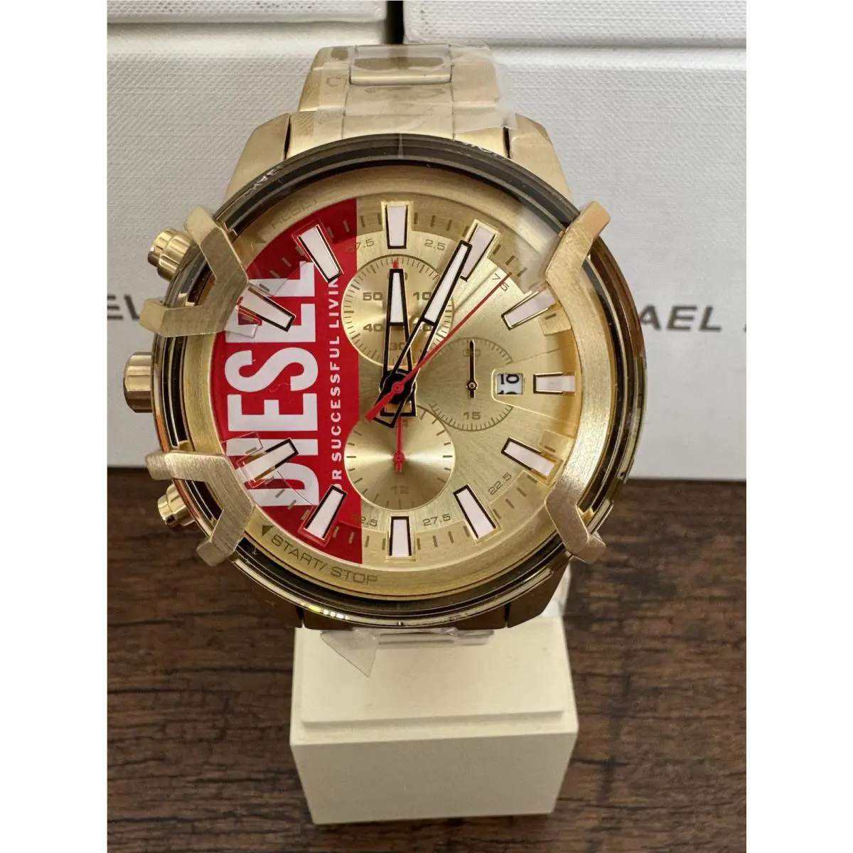 Diesel Watch DZ4595 Griffed Chronograph Gold Tone Stainless Steel Gold Red White