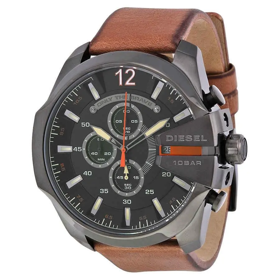 Diesel Mega Chief Black Dial Brown Leather Men`s Quartz Watch DZ4343 - Dial: Brown, Black, Band: Brown, Bezel: Gunmetal Ion-plated