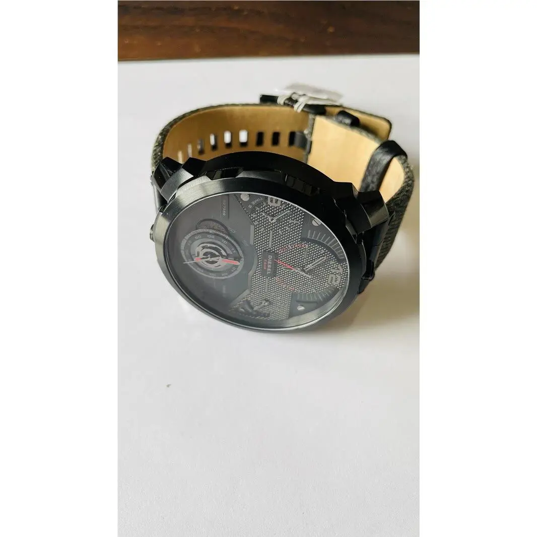 Diesel DZ7358 Men`s Machinus 4 Timezone Oversize Black Dial Denim Leather Strap