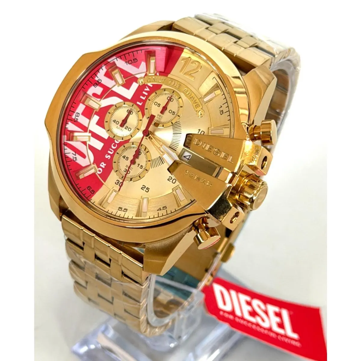 Diesel DZ4642 Mega Chief Chronograph Watch Gold Red Logo Dial Bnwtib