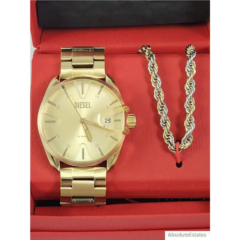 Diesel Men`s MS9 Gold Watch Two Tone Rope Chain Necklace Set DZ2163 Box