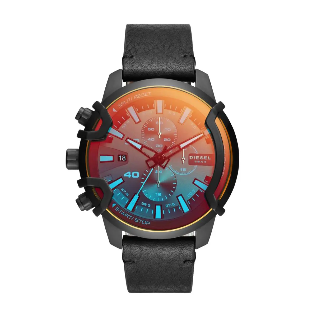 Diesel Griffed Stainless Steel and Leather Chronograph Men`s Watch Color: Black - Black Leather