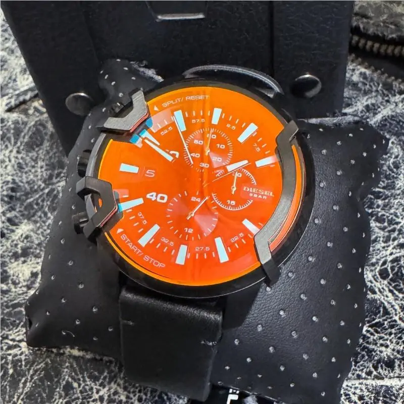 Diesel Griffed Chronograph Black Leather Watch DZ4519 - Band: Black