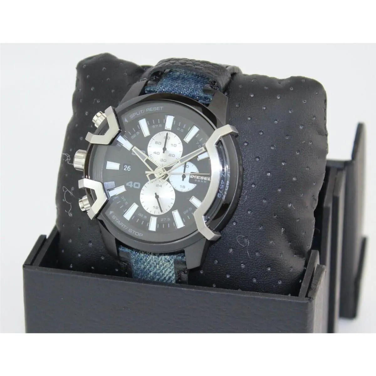 Diesel Griffed Black Denim Blue Leather Chrono DZ4572 Men`s Watch