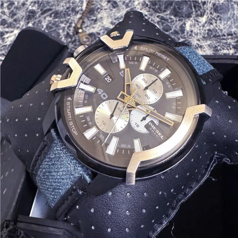 Diesel Griffed Men`s Chronograph Two-tone Denim Belt Watch DZ4572