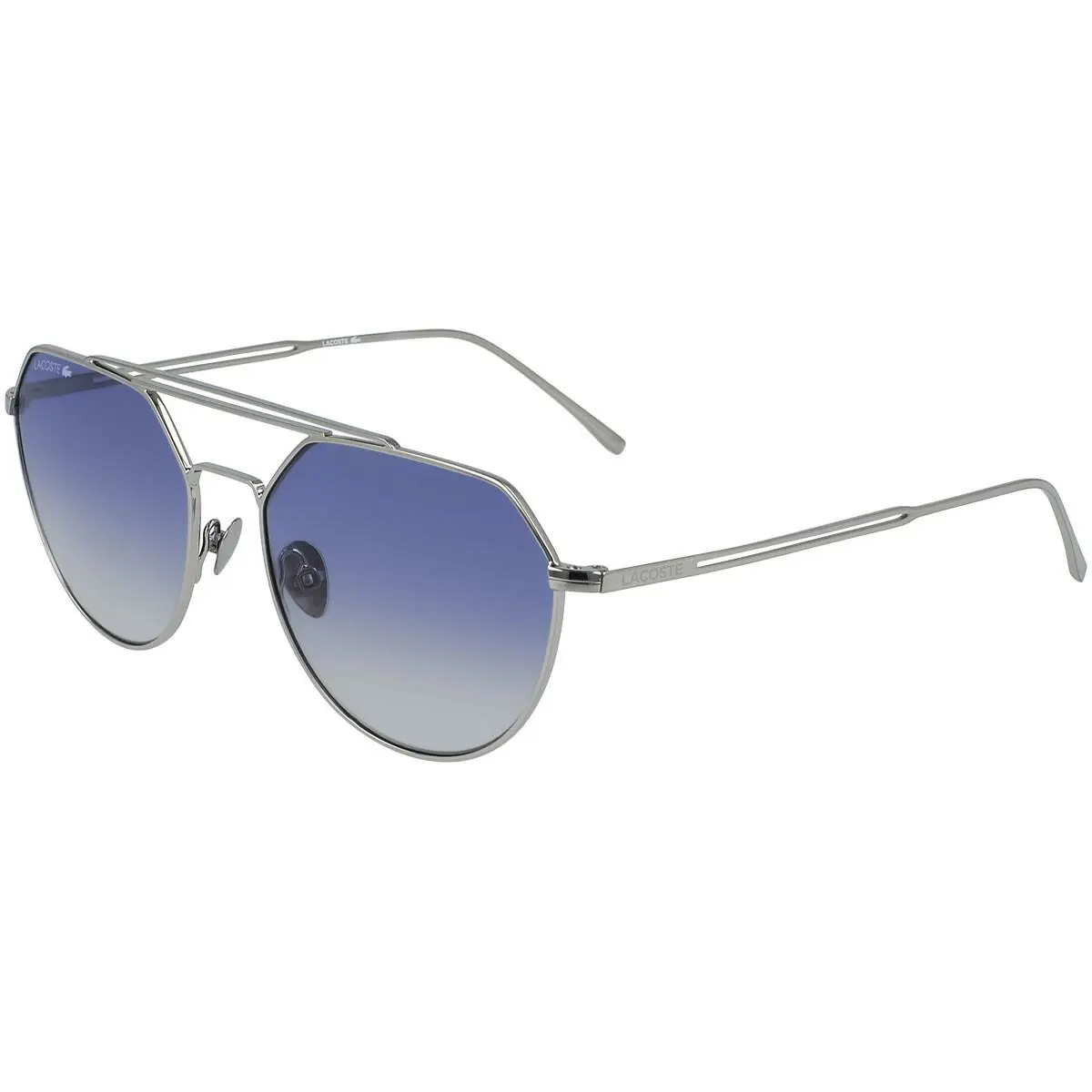 Lacoste L220SPC 045 54mm Shiny Silver Blue Lens Unisex Metal Pilot Sunglasses - Frame: Silver, Lens: Blue