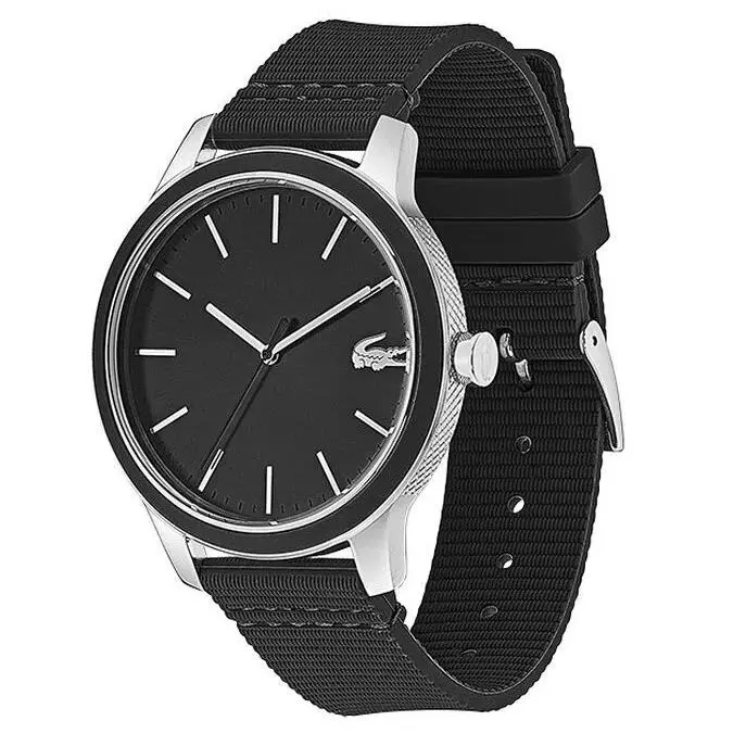 2011087 12.12 Black Dial Black Silicone Strap Men`s Watch by Lacoste