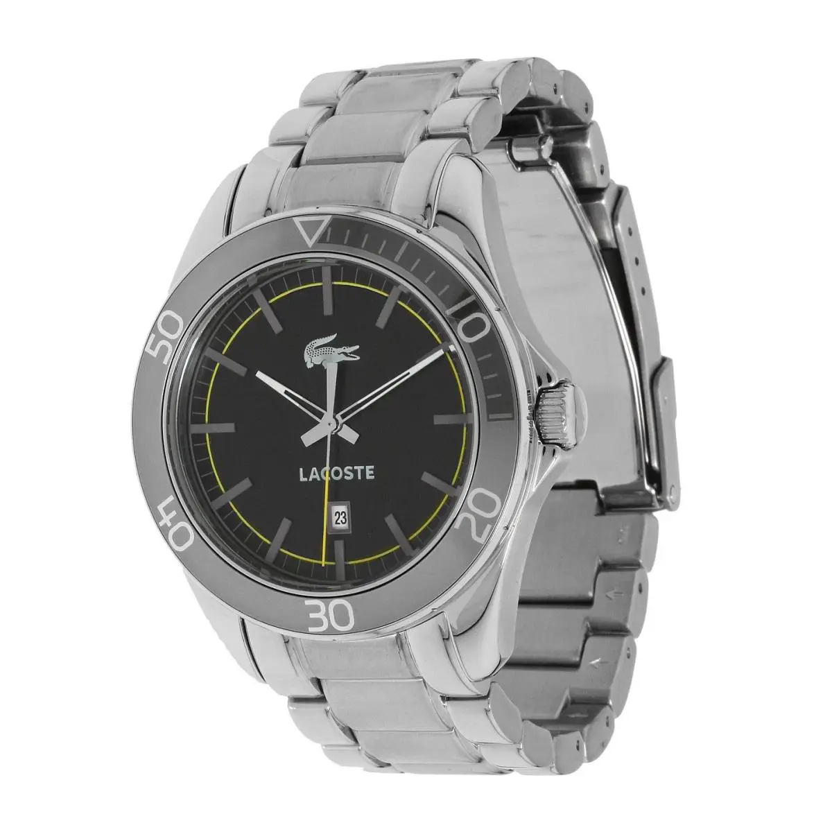 Lacoste Silver Tone S/steel Band+black Dial W/date Mens Watch+box 2010506