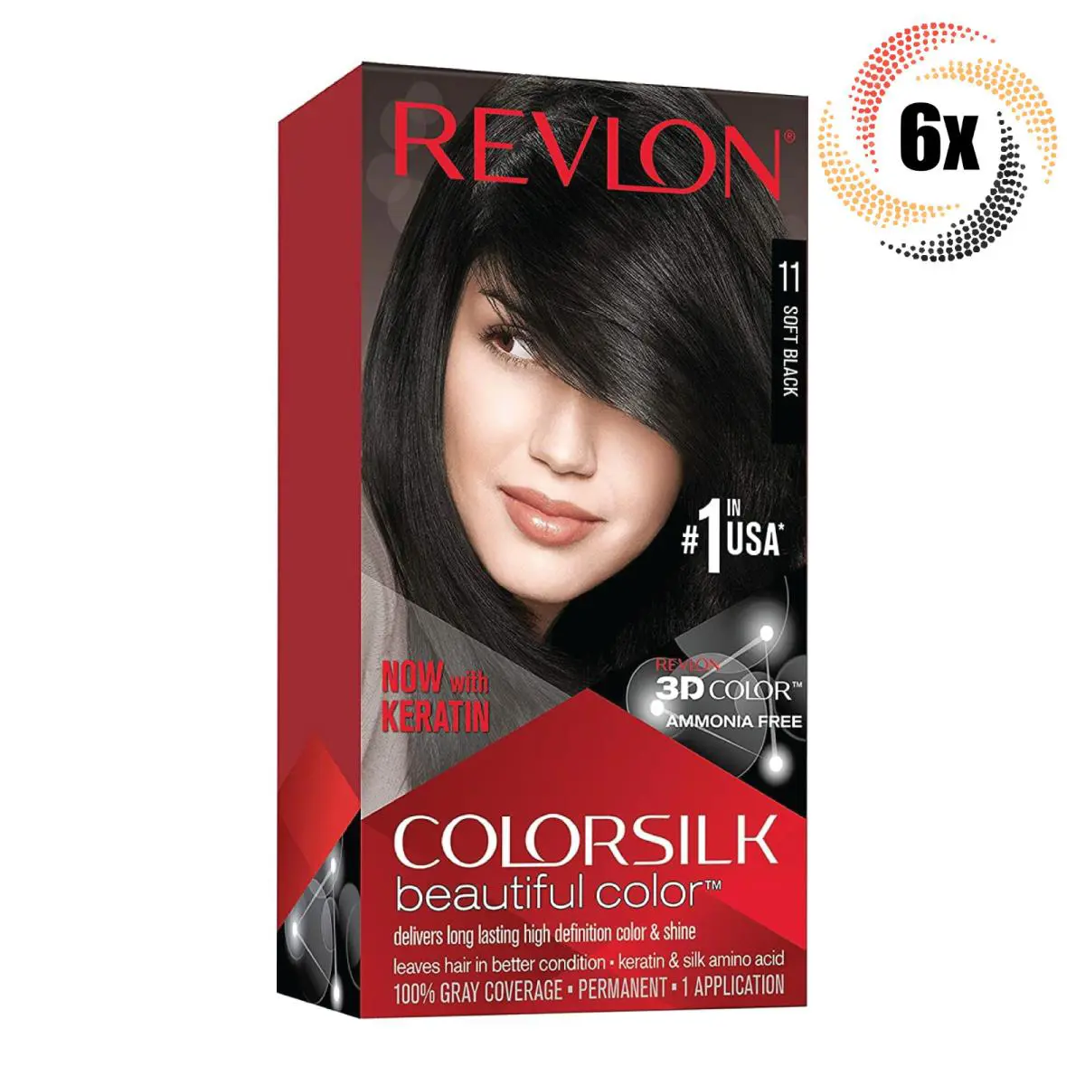 6x Packs Revlon Soft Black Permanent Colorsilk Beautiful Color Hair Dye 11