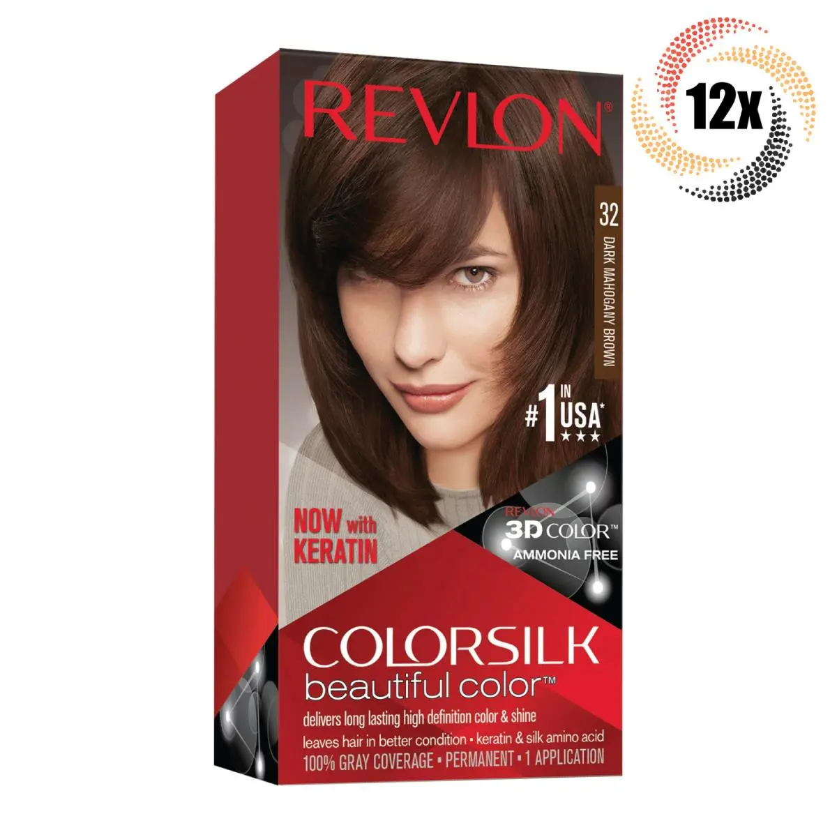 12x Pack  Dark Mahogany Brown Permanent Colorsilk Beautiful Hair Dye 32 by Revlon