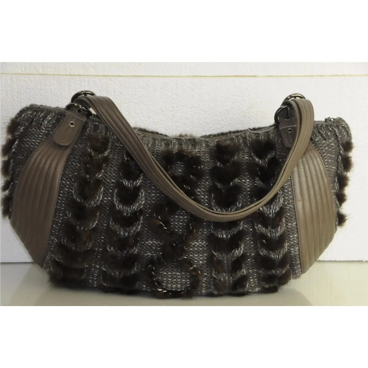 Salvatore Ferragamo Brown Taupe Silver Lurex Wool Balena Large Bag