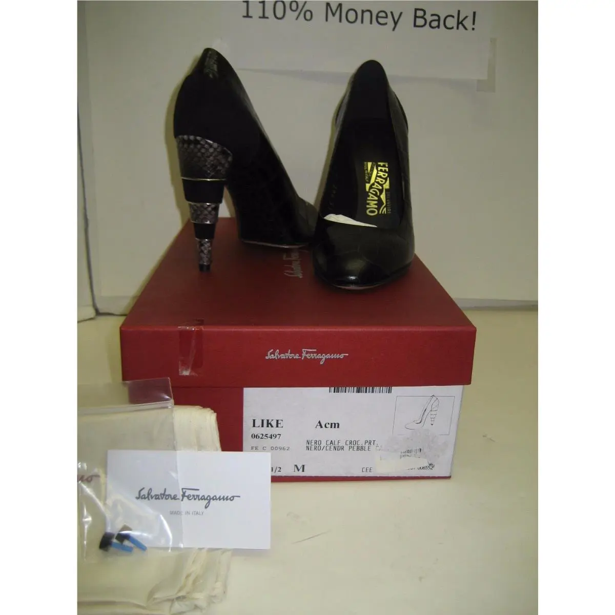 Black Croc Leather Pumps High Heels Shoes 6 7.5 10 by Salvatore Ferragamo