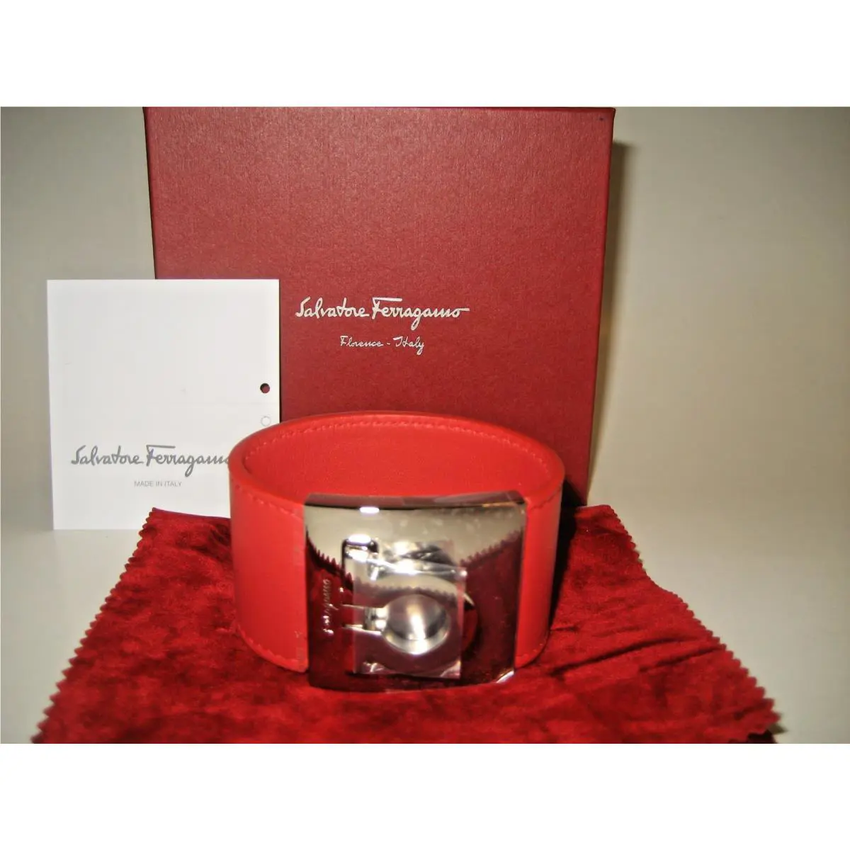 Salvatore Ferragamo Gancini Wide Silvertone Cuff Red Leather Bracelet