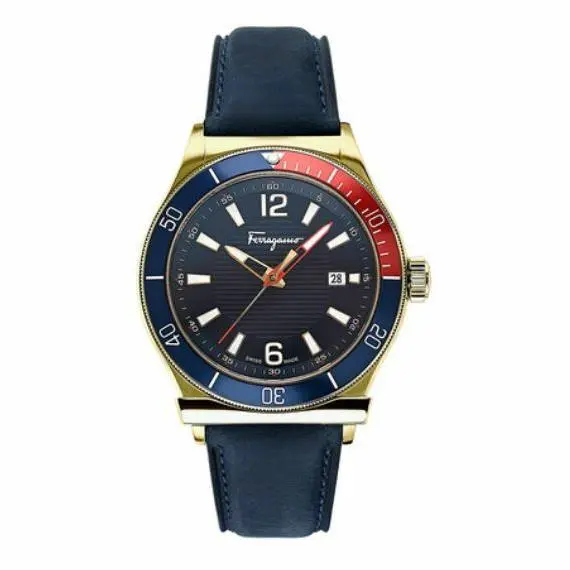 Mens Gold Salvatore Ferragamo Watches 1898 Swiss Quartz Sport Blue Strap