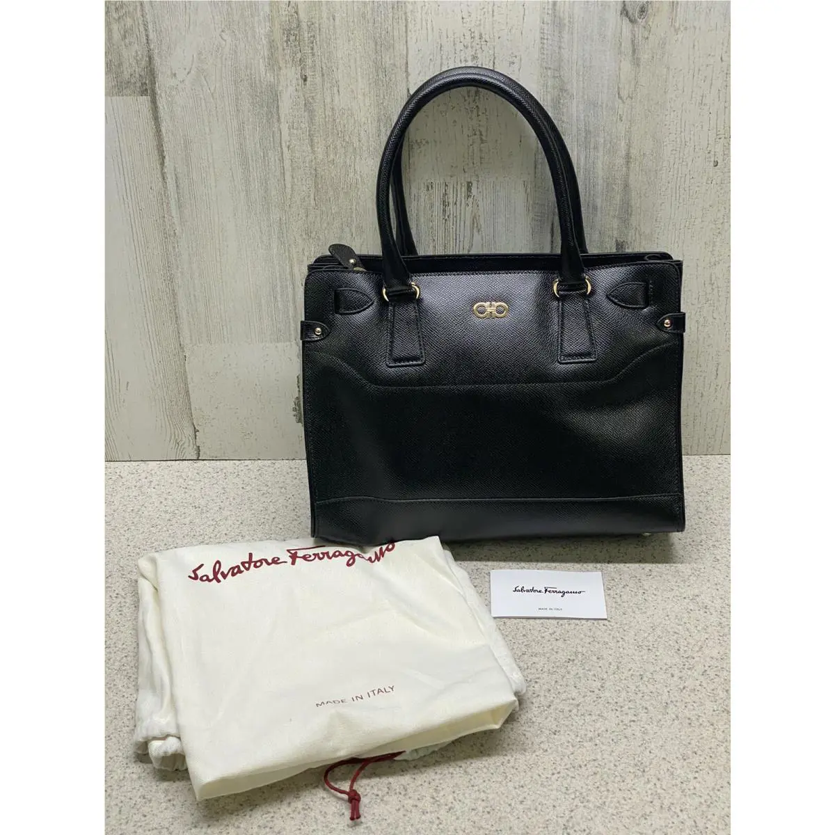 Salvatore Ferragamo Briana Satchel Tote Black Pebbled Calf Leather 250