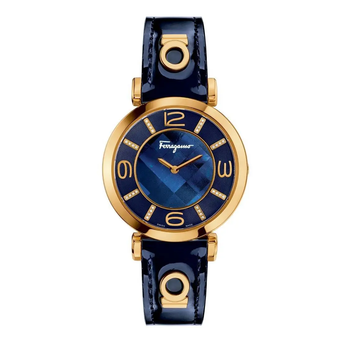 Ferragamo Women`s FG3040014 Gancino Deco 32 Diamonds Gold IP Blue Leather Watch