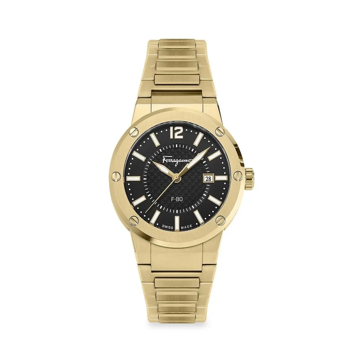 Salvatore Ferragamo Men`s Black 44mm F-80 Yellow Gold Bracelet Watch SFHY00821⭐
