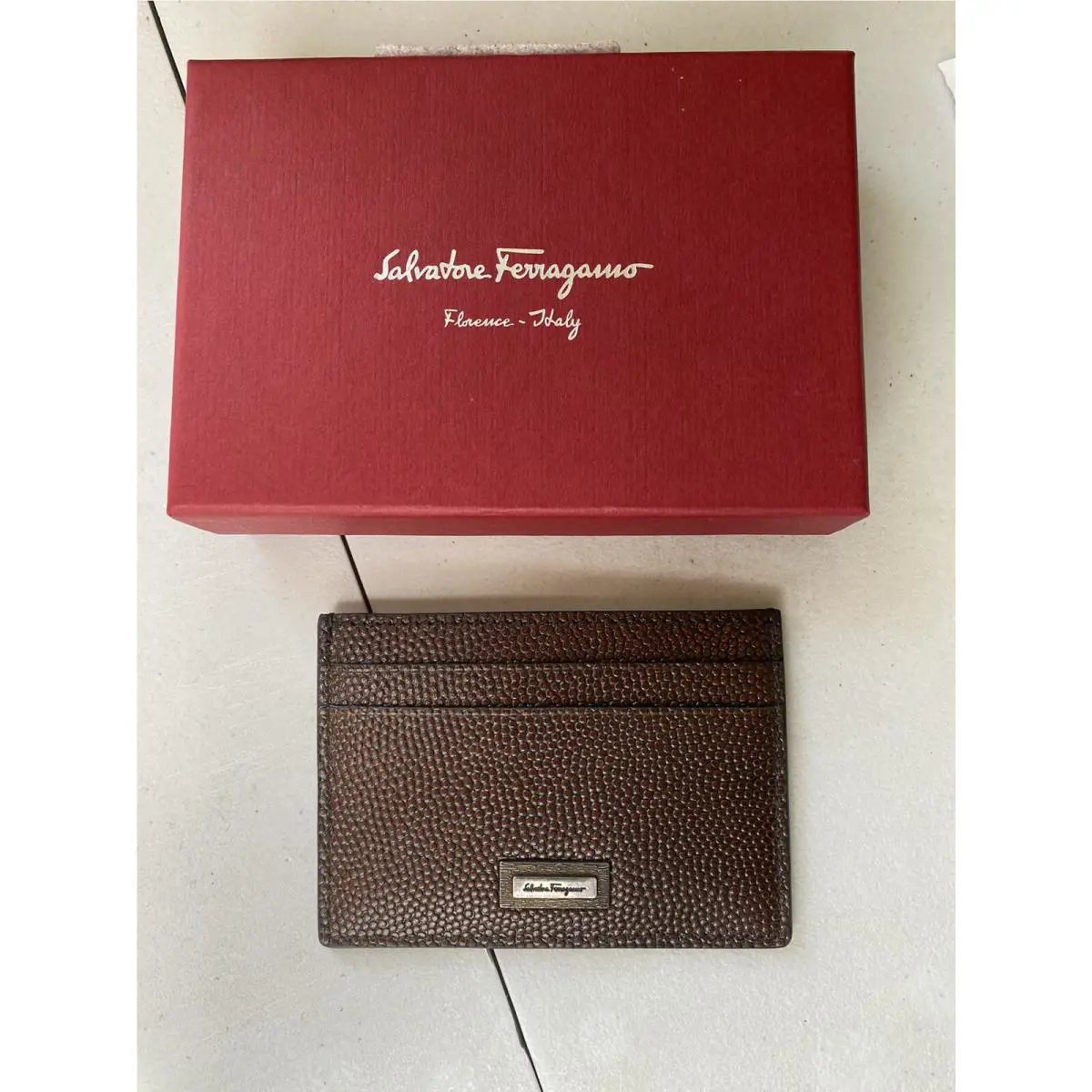 Salvatore Ferragamo Pebbled Leather Card Holder Brown Box ID Logo