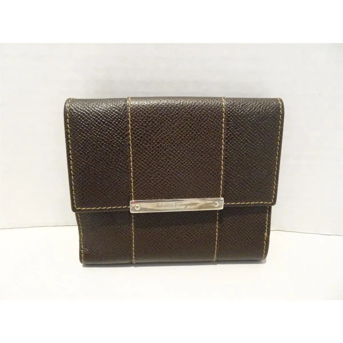Salvatore Ferragamo Brown Pebbled Wallet Leather Tri-fold Credit Card