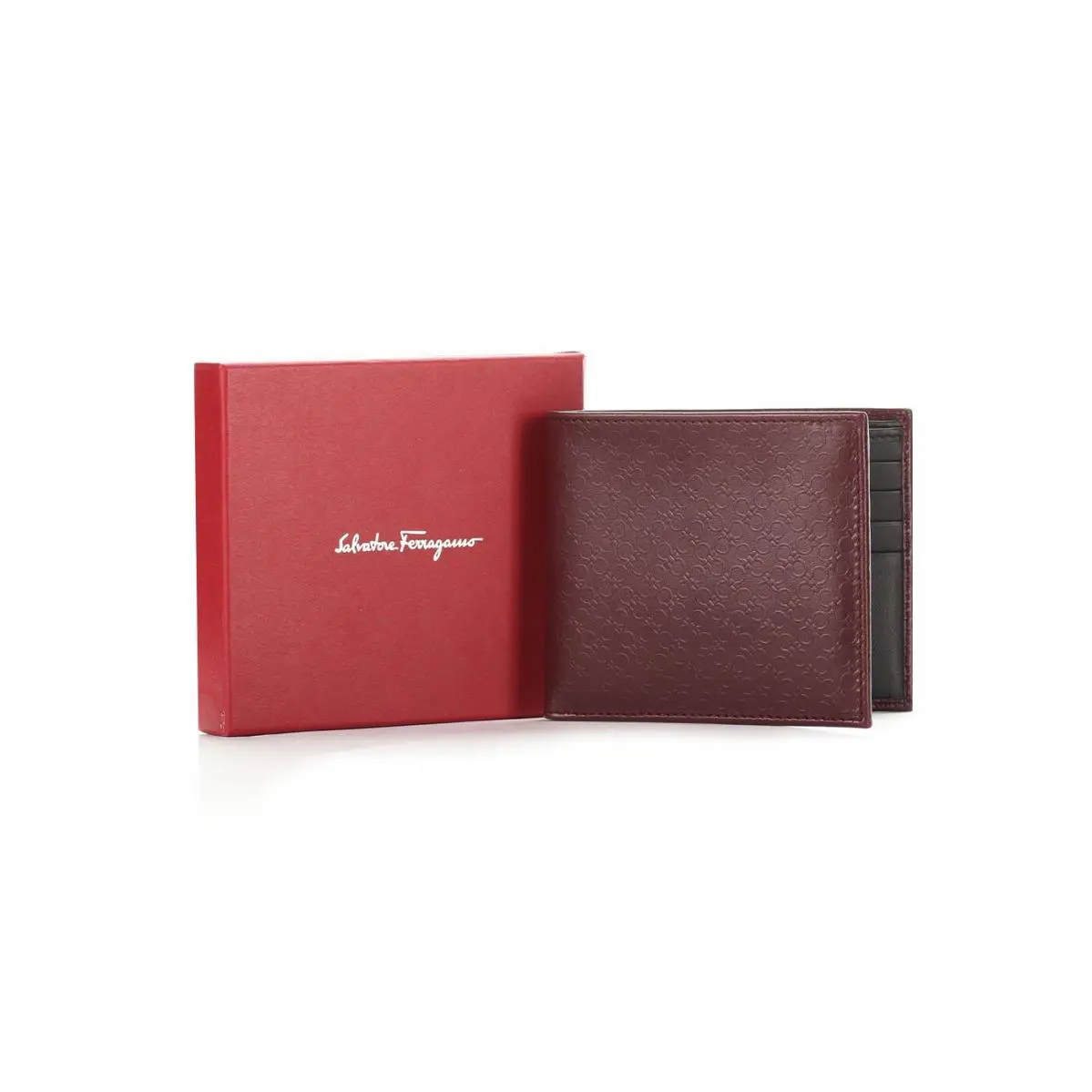 Salvatore Ferragamo Embossed Gancini Wine Leather Bi-fold Wallet