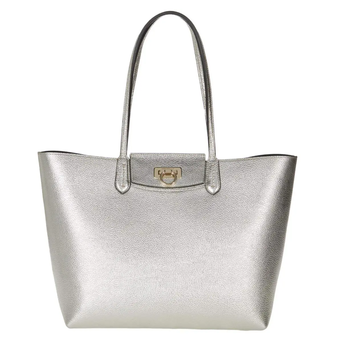 Salvatore Ferragamo Travel Tote 21-I376 Platino Nero Silver Metal Leather