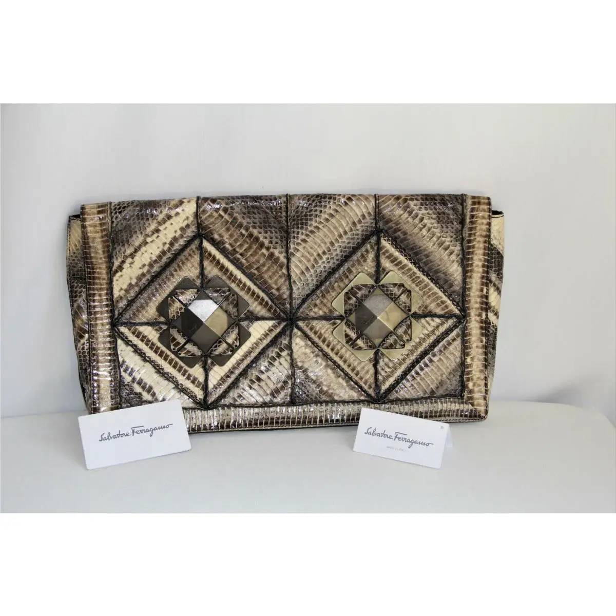 Salvatore Ferragamo Snakeskin Magnetic Flap Clutch