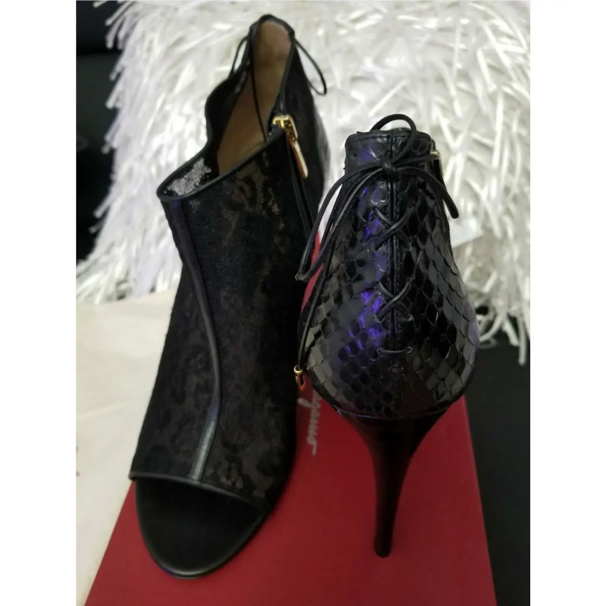 Women Snake Skin Black High Heels Size 10B by Salvatore Ferragamo