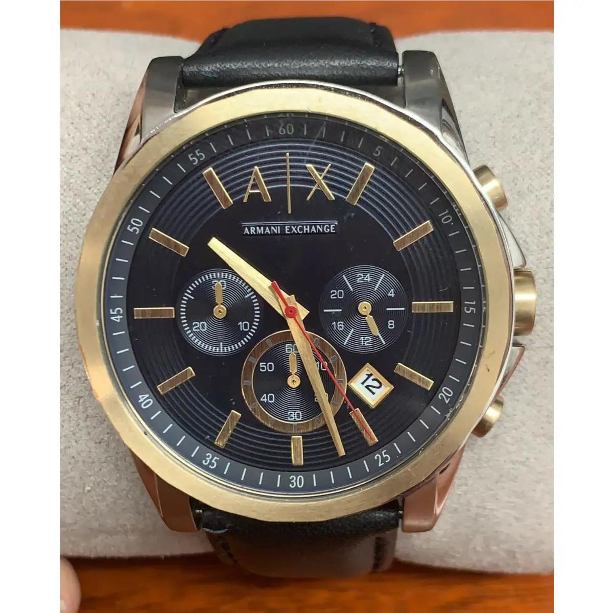 Armani Exchange AX2515 Blue Dial Black Leather Strap Chronograph Men`s Watch