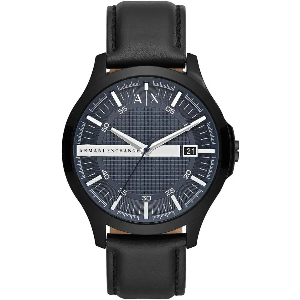 Armani Exchange AX2411 Three Hand Blue Dial Black Leather Strap 46MM Mens Watch - Dial: Black, Band: Black, Bezel: Black