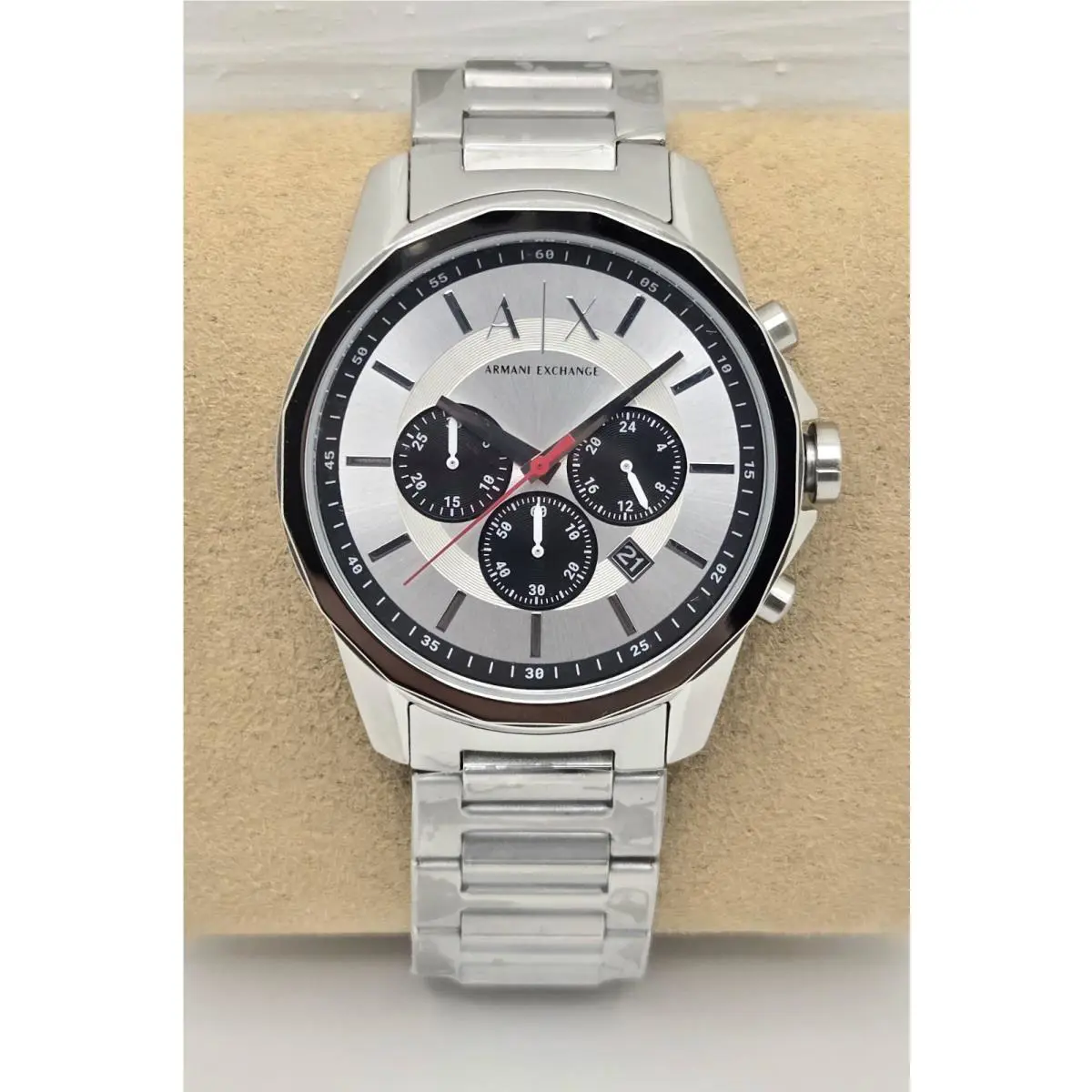Armani Exchange Men`s Silver Tone Black Sub Dial Chronograph Watch AX1742