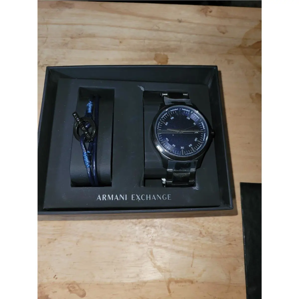 Armani Exchange Hampton Men`s Quartz Blue Dial Gunmetal Watch Set AX7127