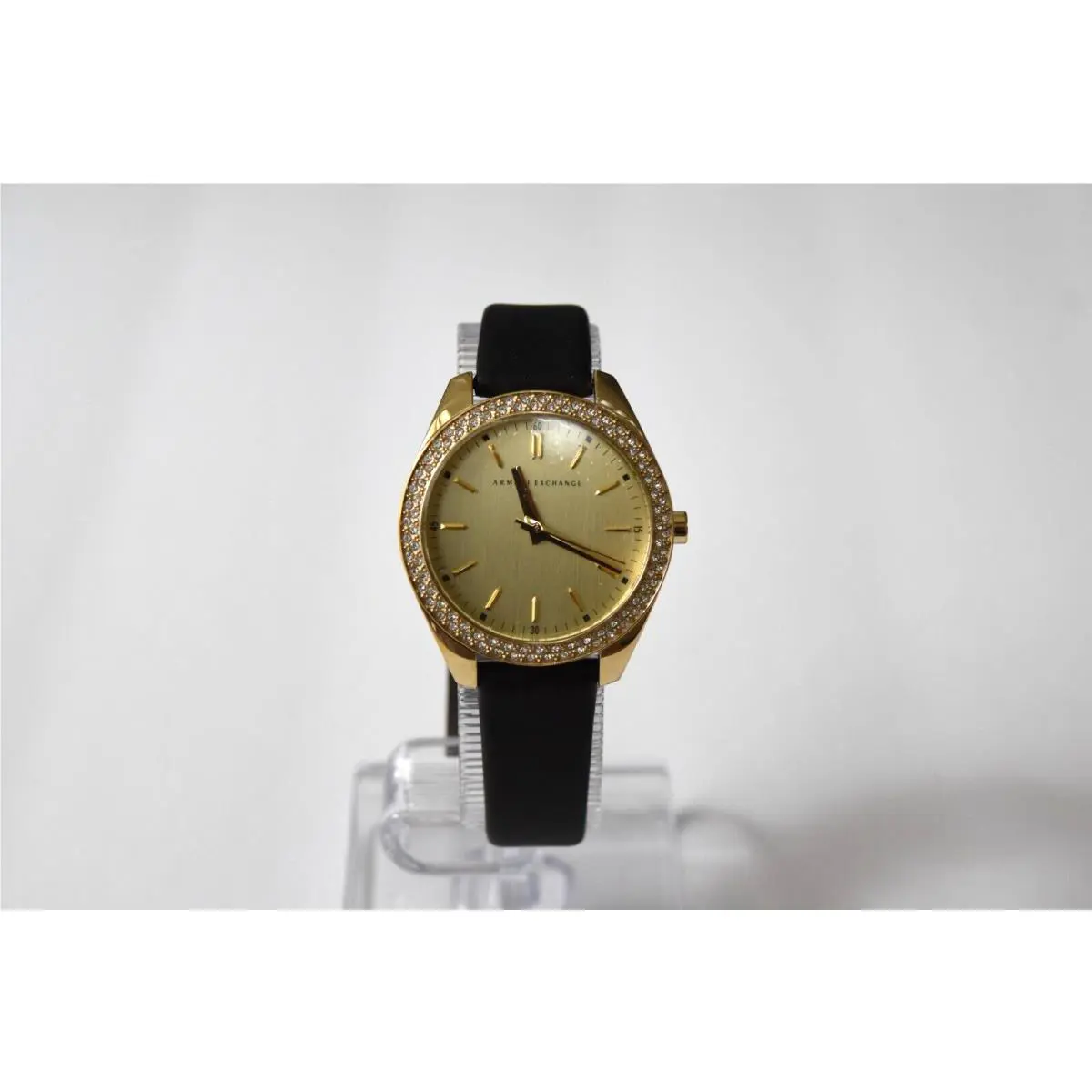 Armani Exchange Black Leather Gold Crystal AX5507 Watch