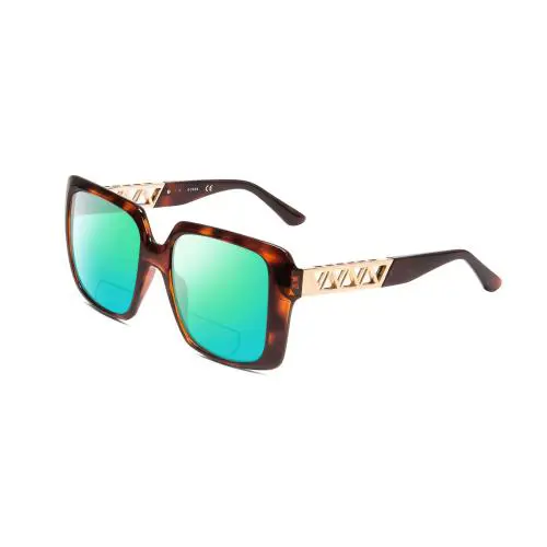 GU7689 Ladies Polarized Bifocal Sunglasses Tortoise Havana Brown Gold 55mm Green Mirror by Guess