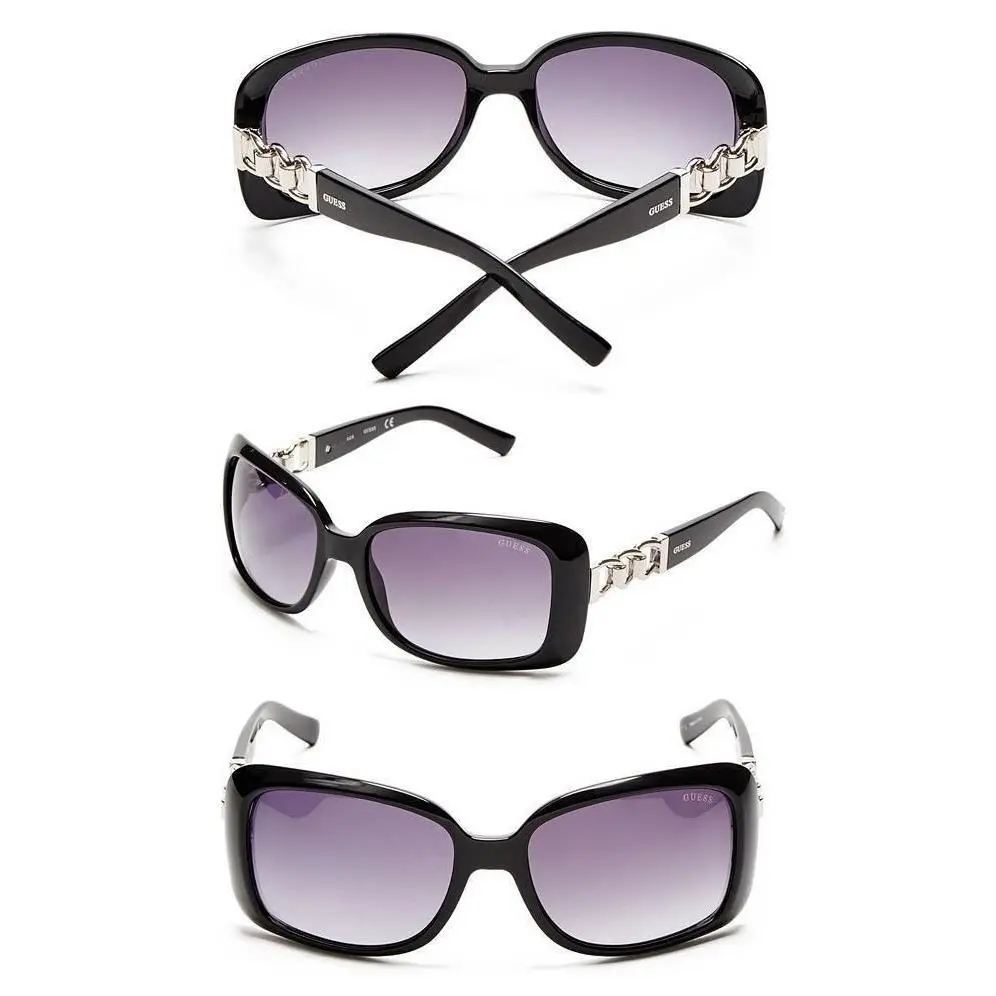 Black+silver Contoured Plastic Frame Black Lens Chain Link Sunglasses by Guess