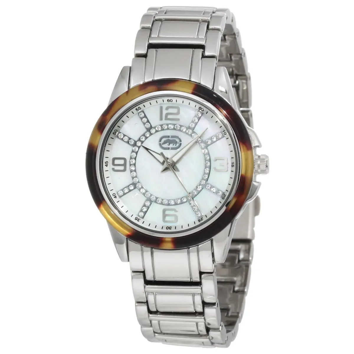 Marc Ecko Polished Silver Band+tortoise Shell Mop Crystal Dial Watch E8M101MV