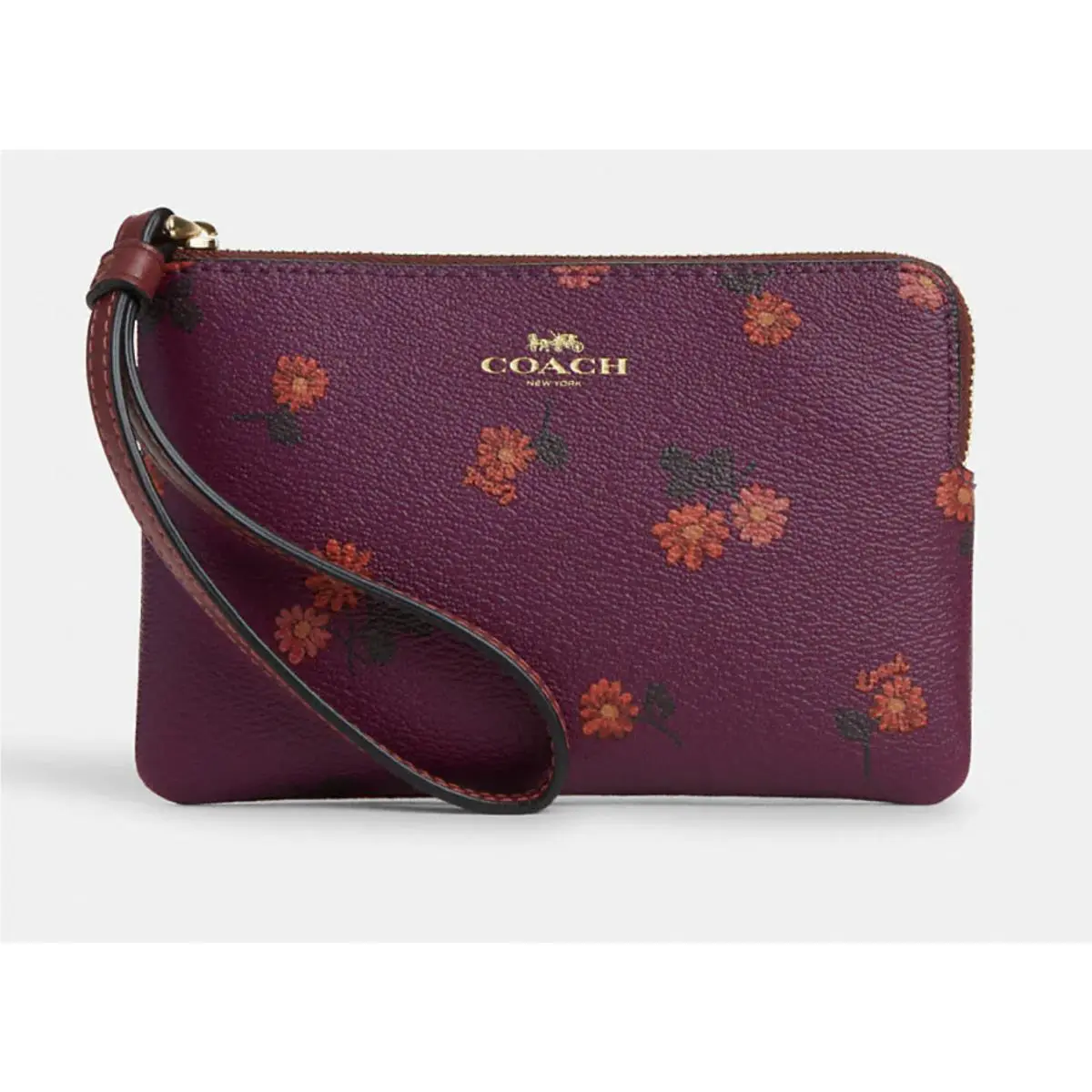 Corner Zip Wristlet In Floral Print Gold/Deep Berry Multi by Coach