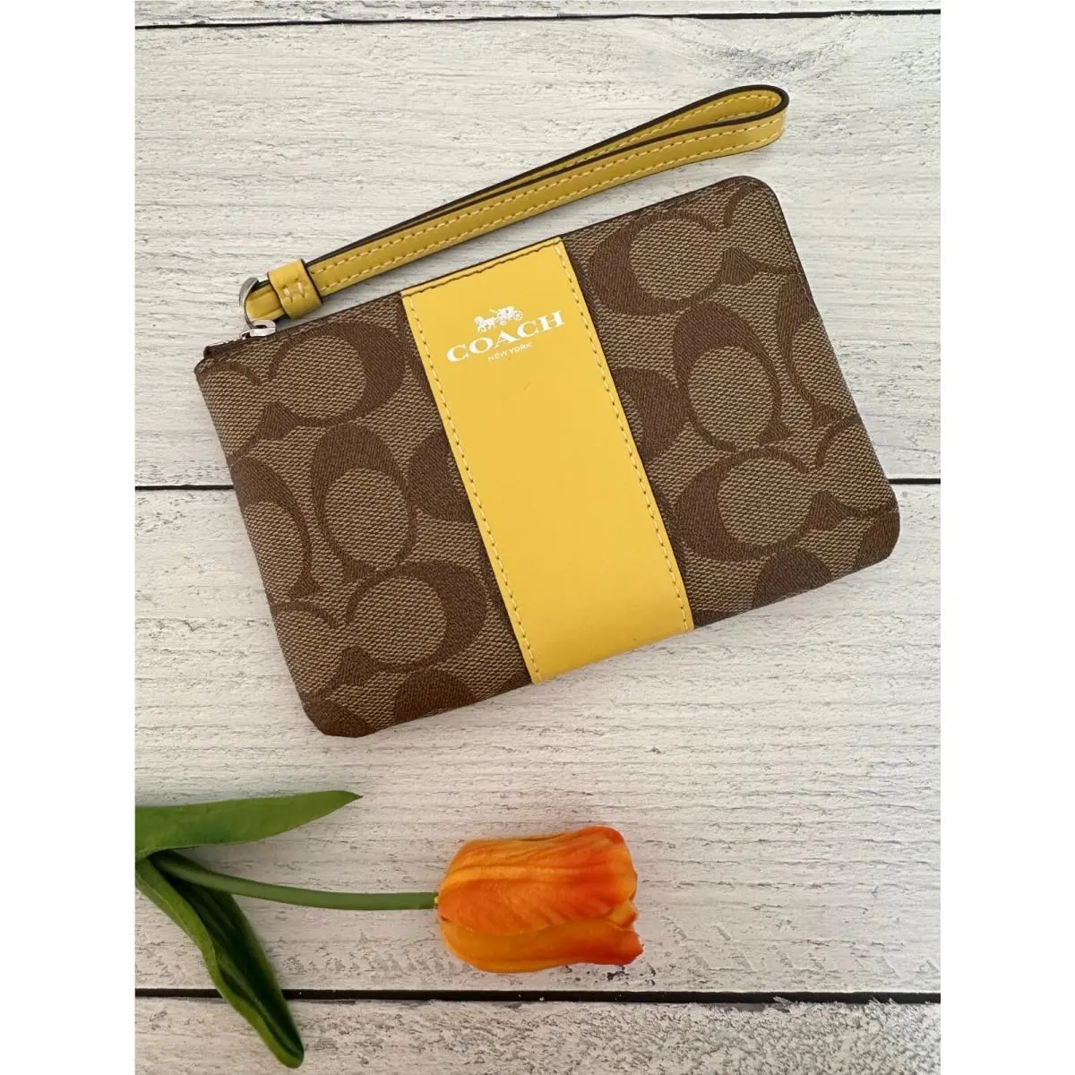 Corner Zip Wristlet In Canvas Leather Signature Multi Pick One 58035 KHAKI/RETRO YELLOW by Coach