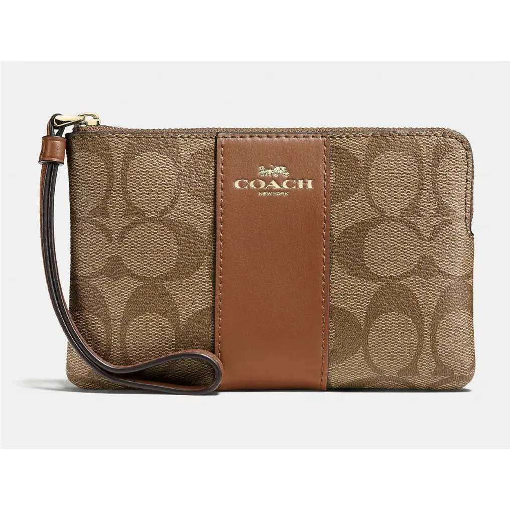Corner Zip Wristlet In Canvas Leather Signature Multi Pick One Gold/Lt Khaki/Lt Saddle by Coach