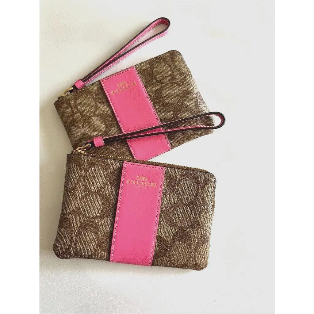 Corner Zip Wristlet In Canvas Leather Signature Multi Pick One Khaki Petunia 58035 by Coach