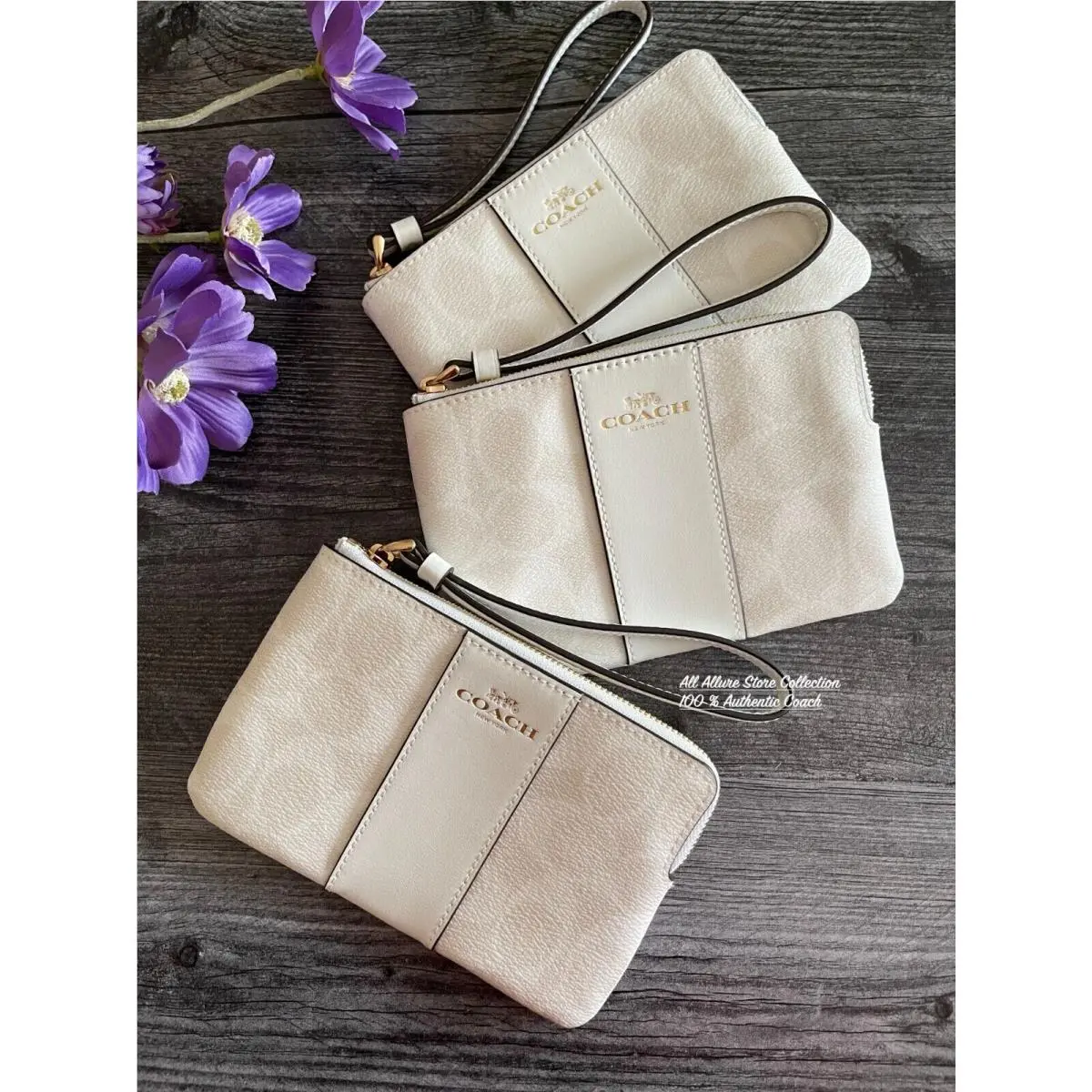 Corner Zip Wristlet In Canvas Leather Signature Multi Pick One Gold/Chalk/Glacier white 58035 by Coach
