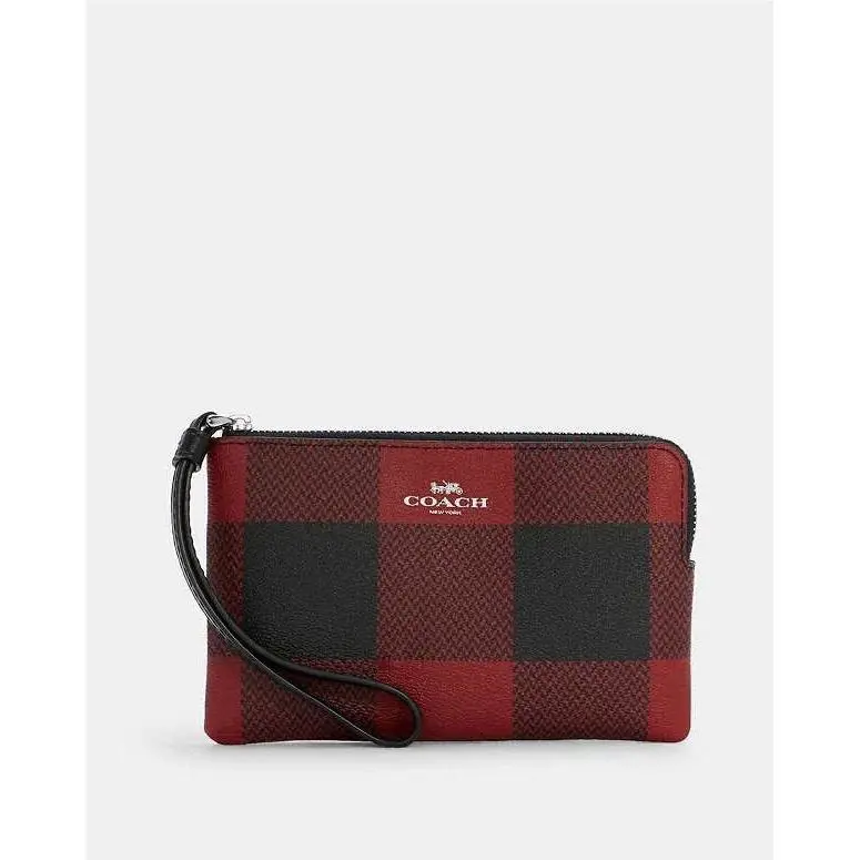 Leather Corner Zip Wristlet in Signature cr813/CN755/CZ452 C7307/buffalo/black red multi by Coach
