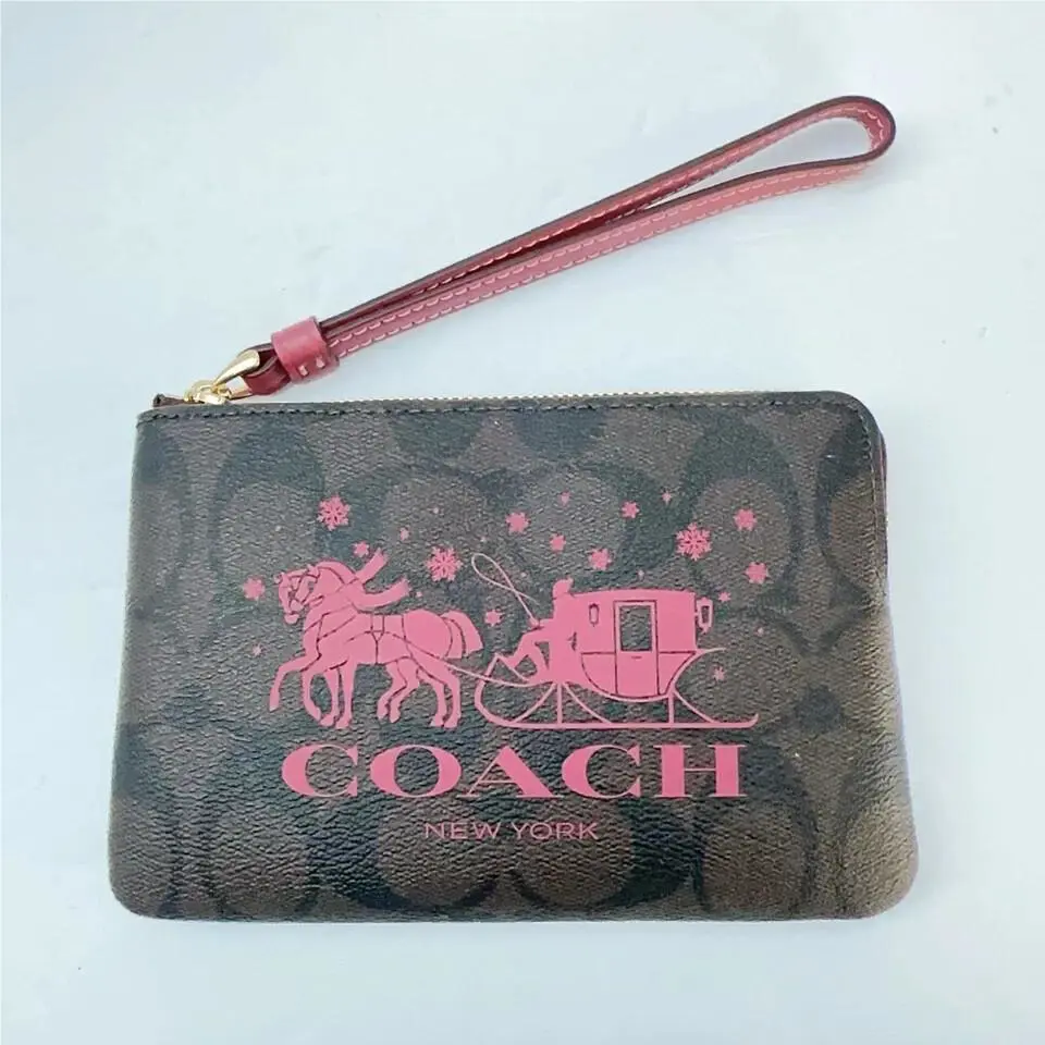 Leather Corner Zip Wristlet in Signature cr813/CN755/CZ452 CN755/brown rouge by Coach